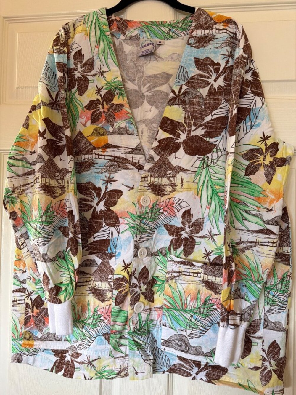 S.C.R.U.B.S. Womens Tropical Print Button-Up Jacket 100% Cotton Size M